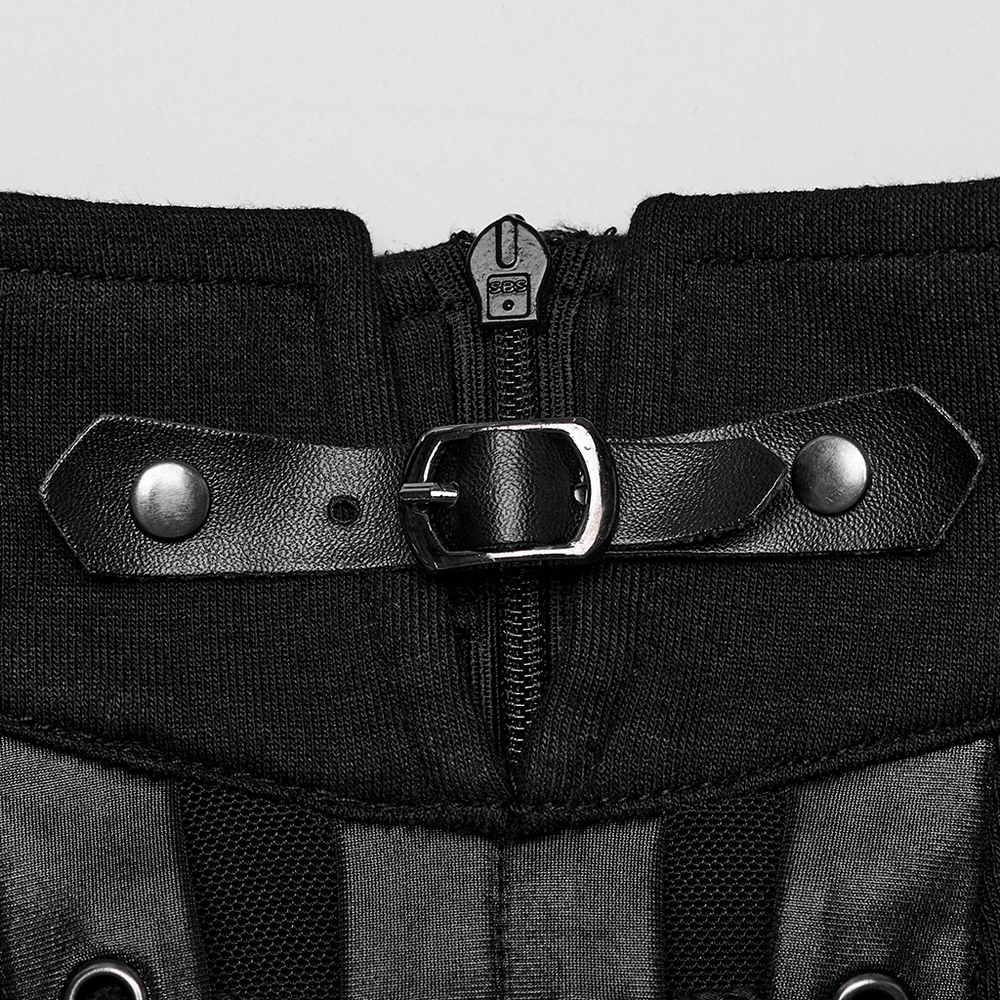 Close-up of chic punk lace-up top featuring buckle and zip detail, showcasing its edgy black design.