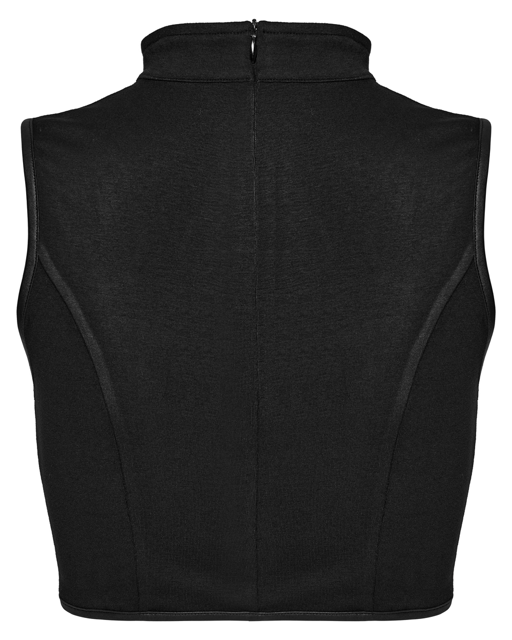 Chic Punk black crop top showcasing back view with stand collar and zipper detail.