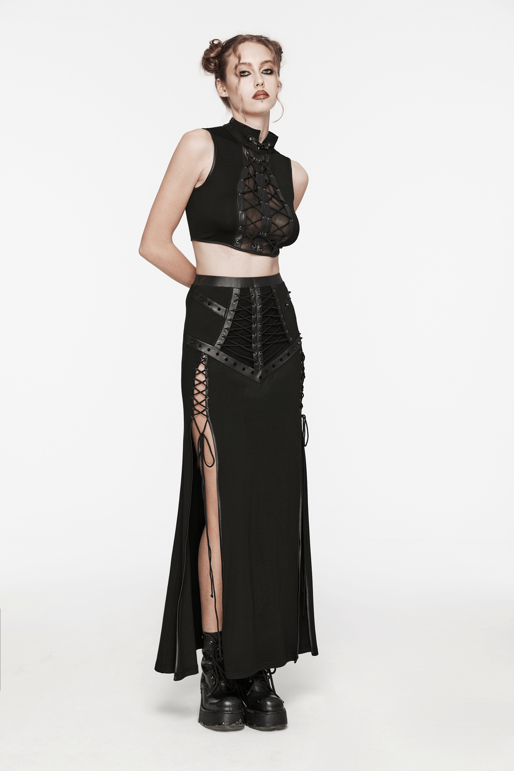 Chic Punk Lace-up Crop Top with Buckle and Mesh, paired with a matching skirt, showcasing edgy rebel style.