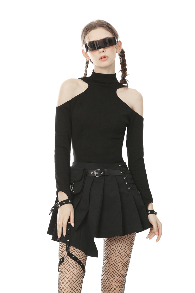 Chic Punk Off Shoulder Top with Buckle Details