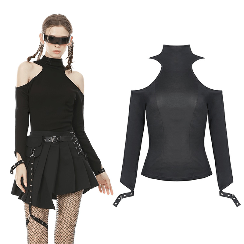 Chic Punk Off Shoulder Top with Buckle Details