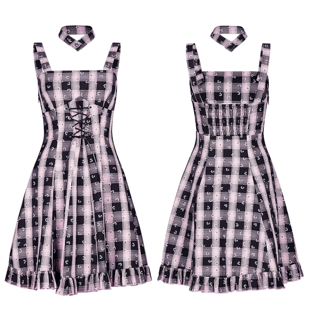 Chic Punk Plaid Halter Dress with Lace-Up Detail