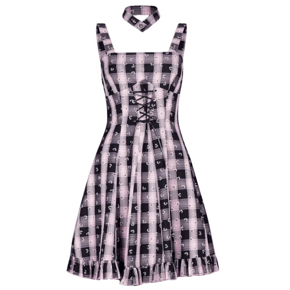 Chic Punk Plaid Halter Dress with Lace-Up Detail