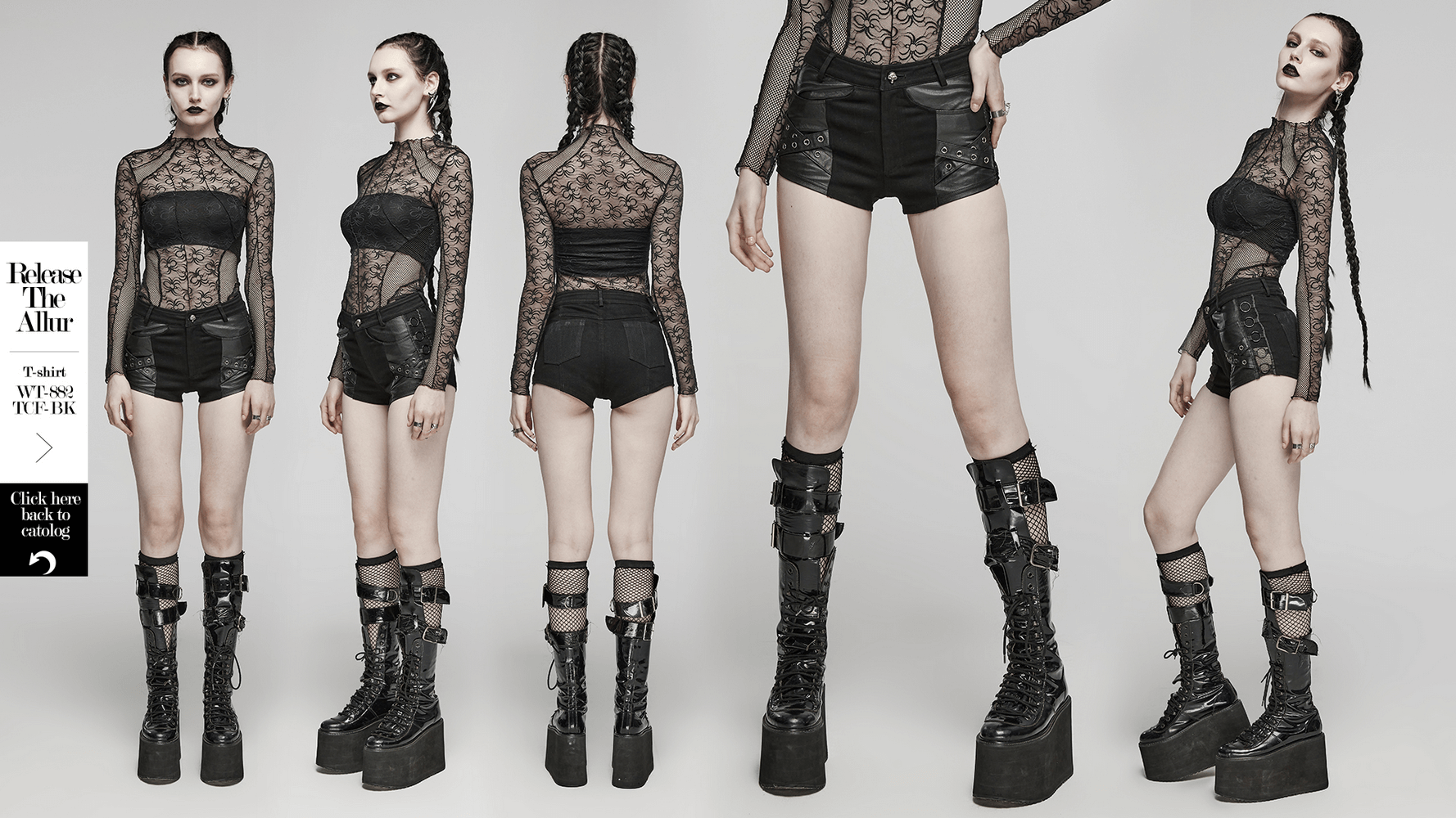Chic punk rivet-embellished black denim shorts styled with edgy lace top and bold platform boots.