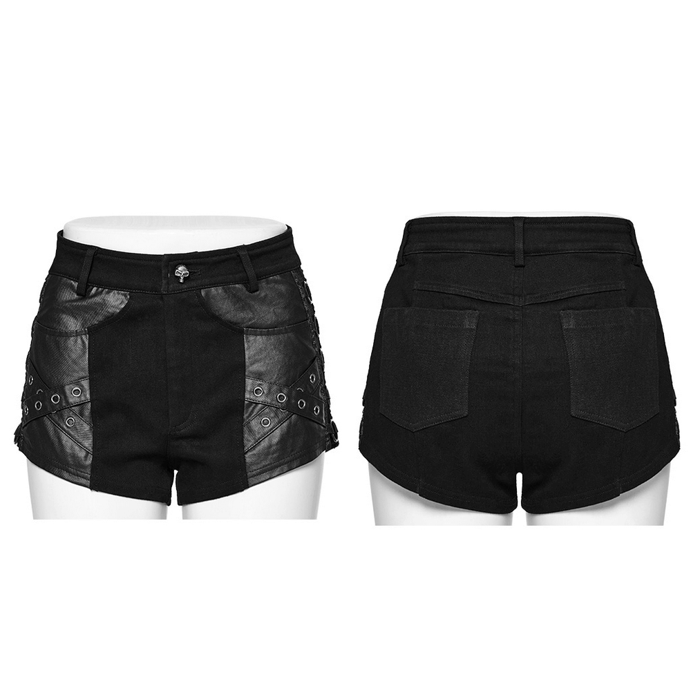 Chic punk rivet-embellished black denim shorts featuring edgy eyelet details and stylish patchwork design.