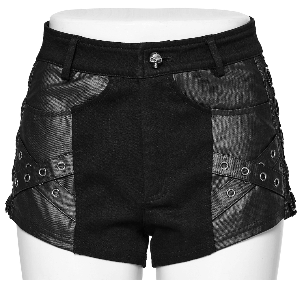 Chic punk rivet-embellished black denim shorts with eyelet details and leather accents for a bold streetwear style.