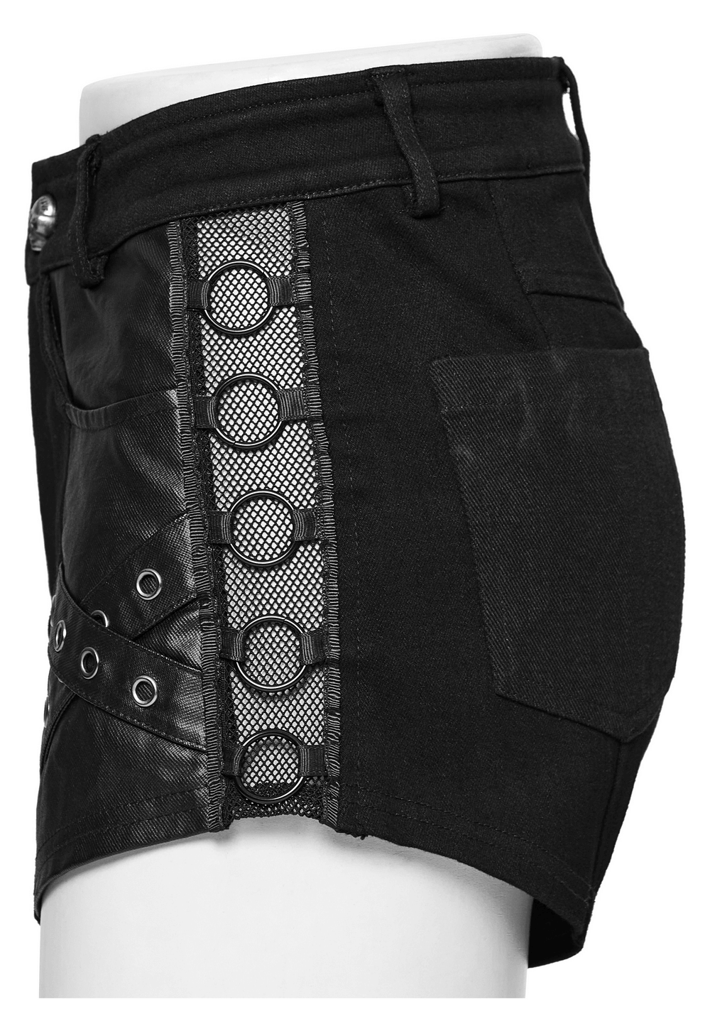 Chic punk black denim shorts featuring eyelet details and ring webbing for a bold streetwear style.