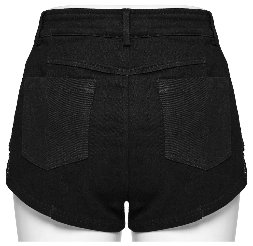 Back view of chic punk rivet-embellished black denim shorts with eyelet details and stylish pockets.