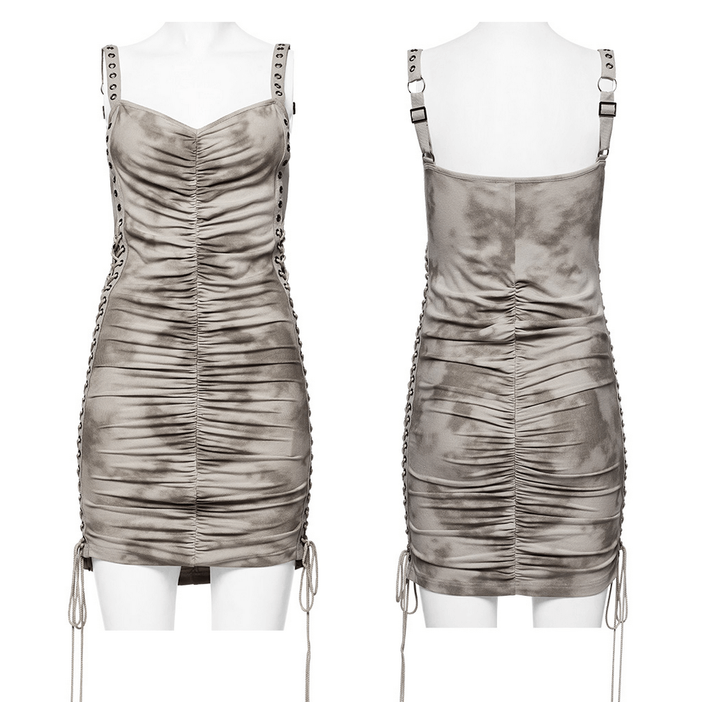 Chic punk tie dye drawstring bodycon dress with eyelets, showcasing eye-catching ruching and adjustable fit.