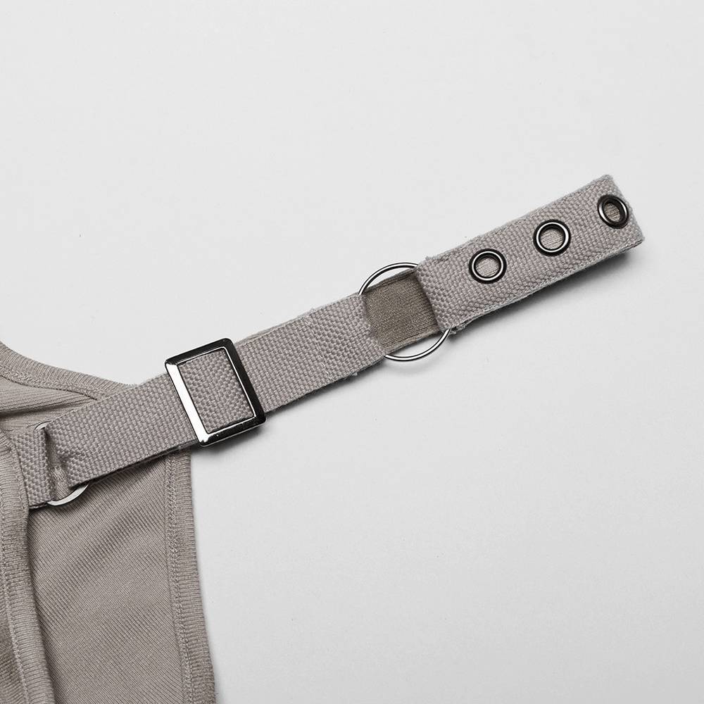 Close-up of adjustable shoulder strap with eyelets for a chic punk dress, showcasing edgy style and unique design.