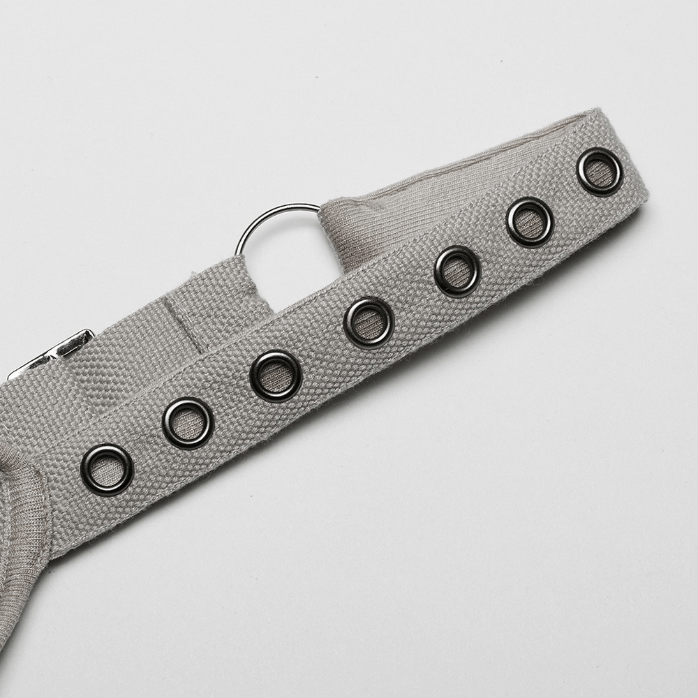 Close-up of adjustable shoulder strap with eyelets for punk style drawstring dress, showcasing unique design and details.