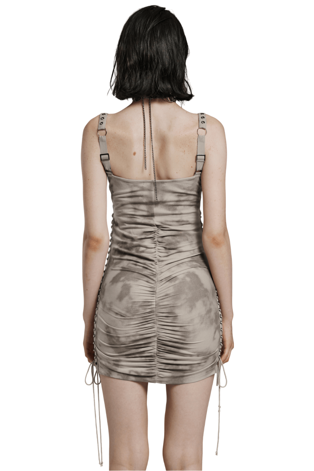 Chic punk tie dye drawstring dress showcasing adjustable fit and eyelet shoulder straps, perfect for an edgy style.