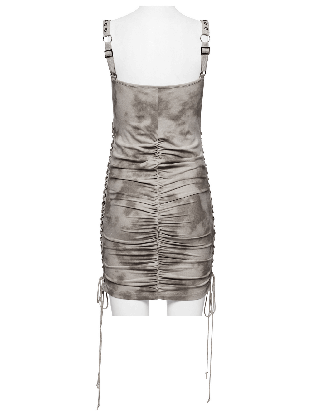 Back view of a chic punk tie dye drawstring dress with eyelets and adjustable sides, showcasing a bodycon fit.