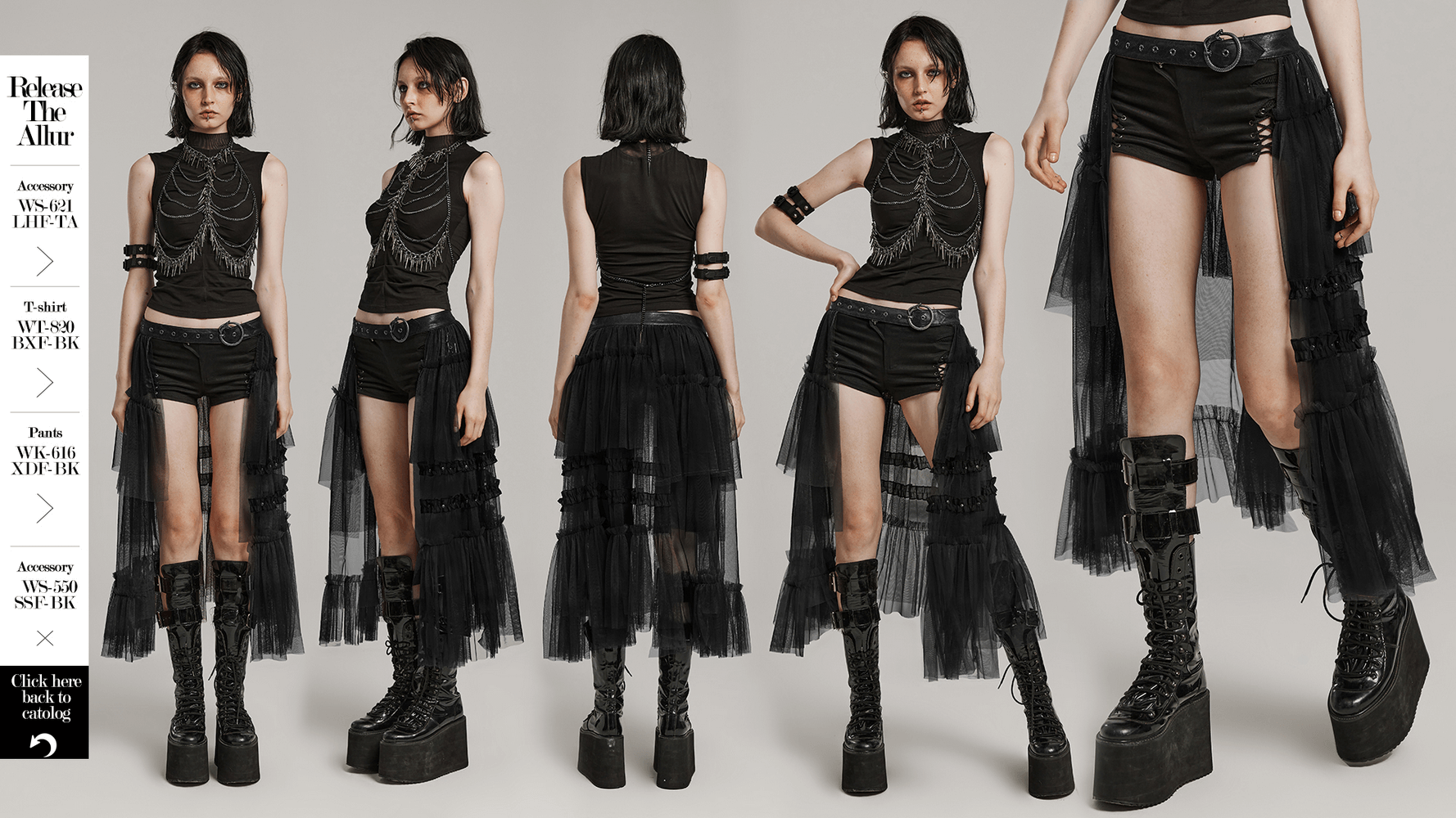 Dramatic black mesh half skirt with punk belt, showcasing high-low design and rich layers for a striking silhouette.