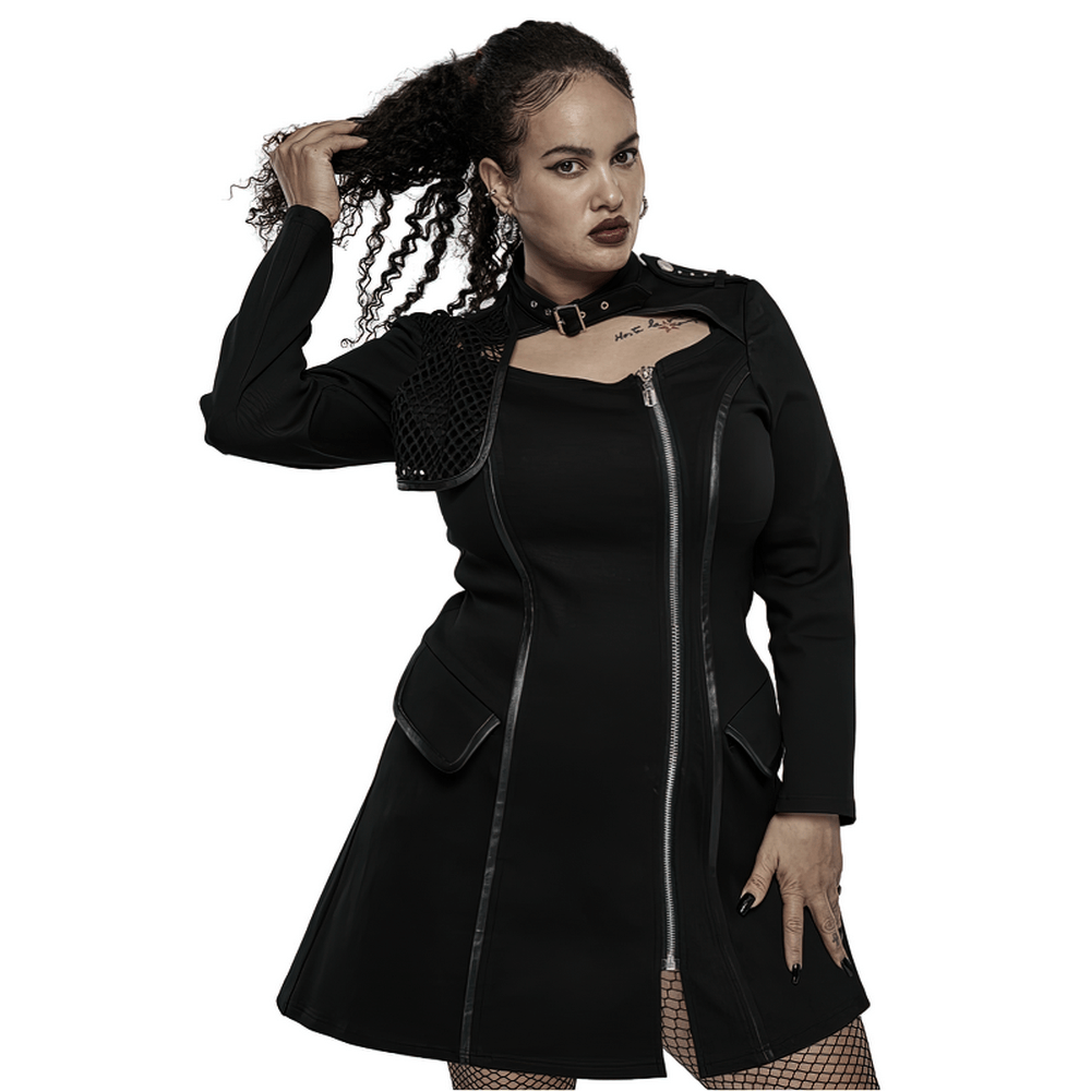 Chic Punk Zip-Front Dress with Gauze Detail and Pockets - HARD'N'HEAVY