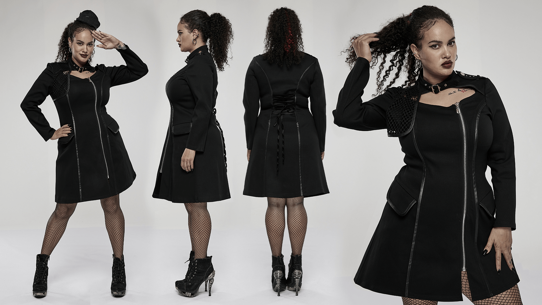 Chic Punk Zip-Front Dress with Gauze Detail and Pockets - HARD'N'HEAVY