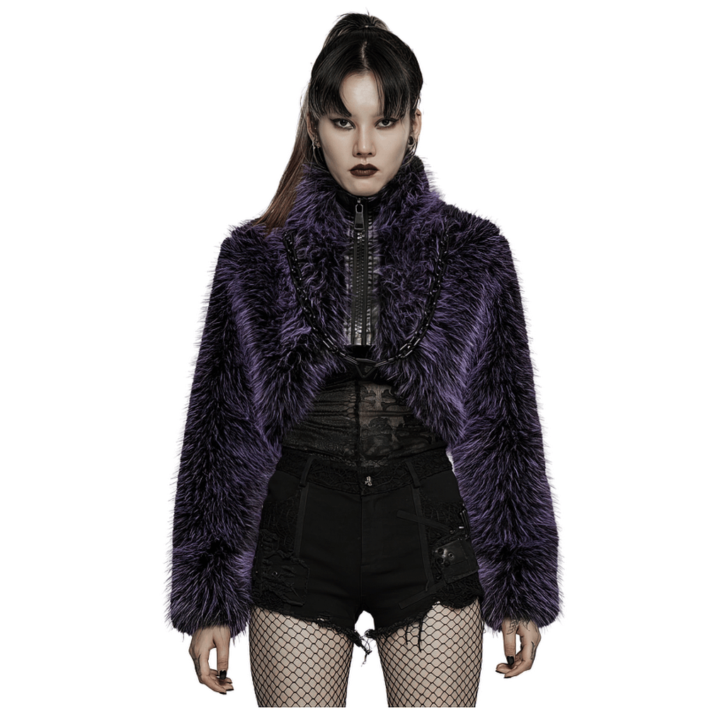 Chic purple shaggy crop jacket perfect for edgy streetwear, featuring faux wool texture and punk style flair.