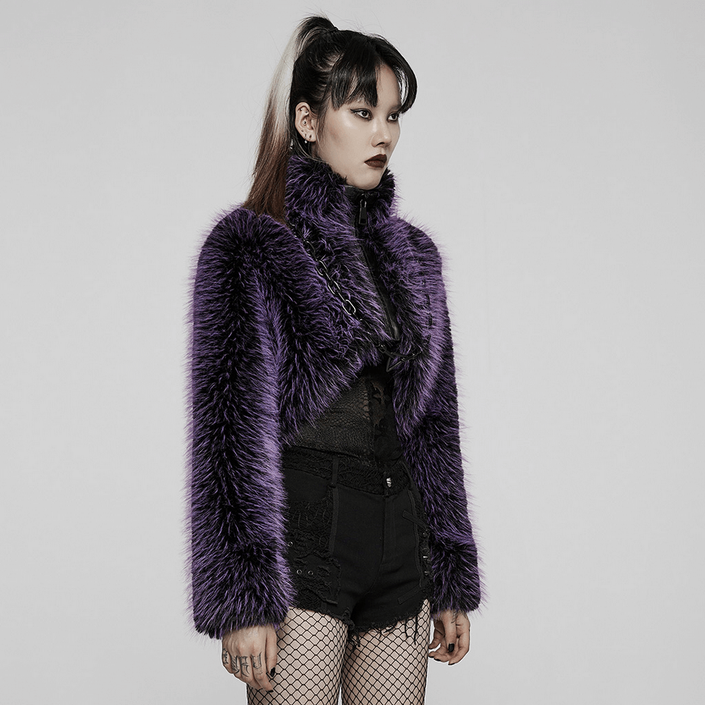 Chic purple shaggy crop jacket in edgy urban style, perfect for punk daily looks and standout fashion statements.
