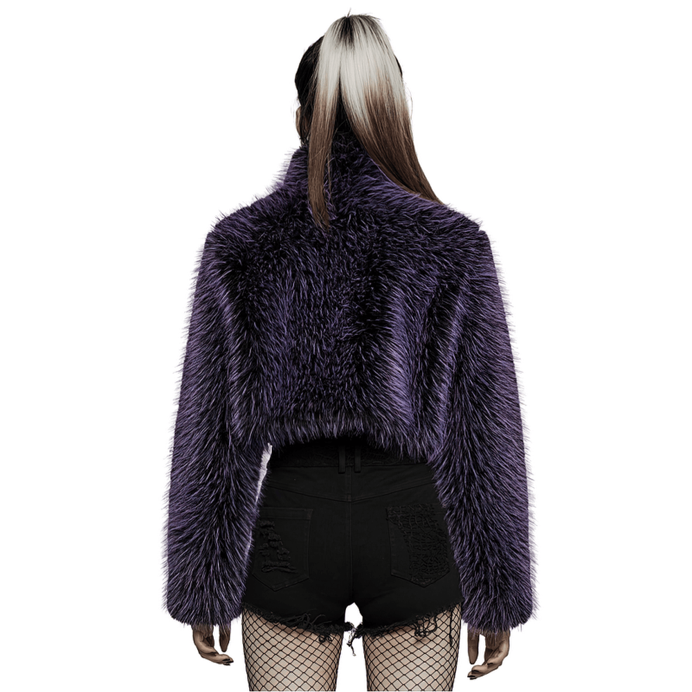 Chic purple shaggy crop jacket showcasing edgy urban style from the back, perfect for trendy punk fashion.