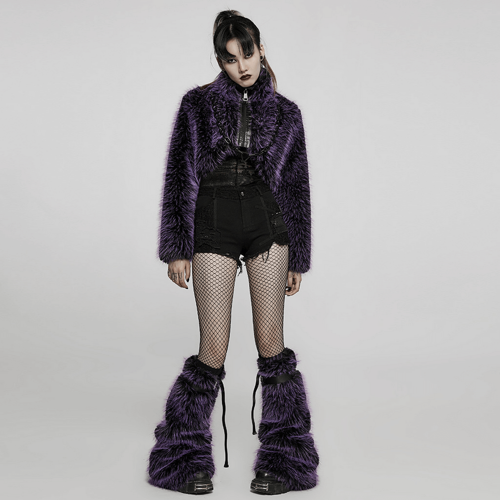 Chic purple shaggy crop jacket styled with edgy punk shorts and fishnet stockings for bold urban fashion.