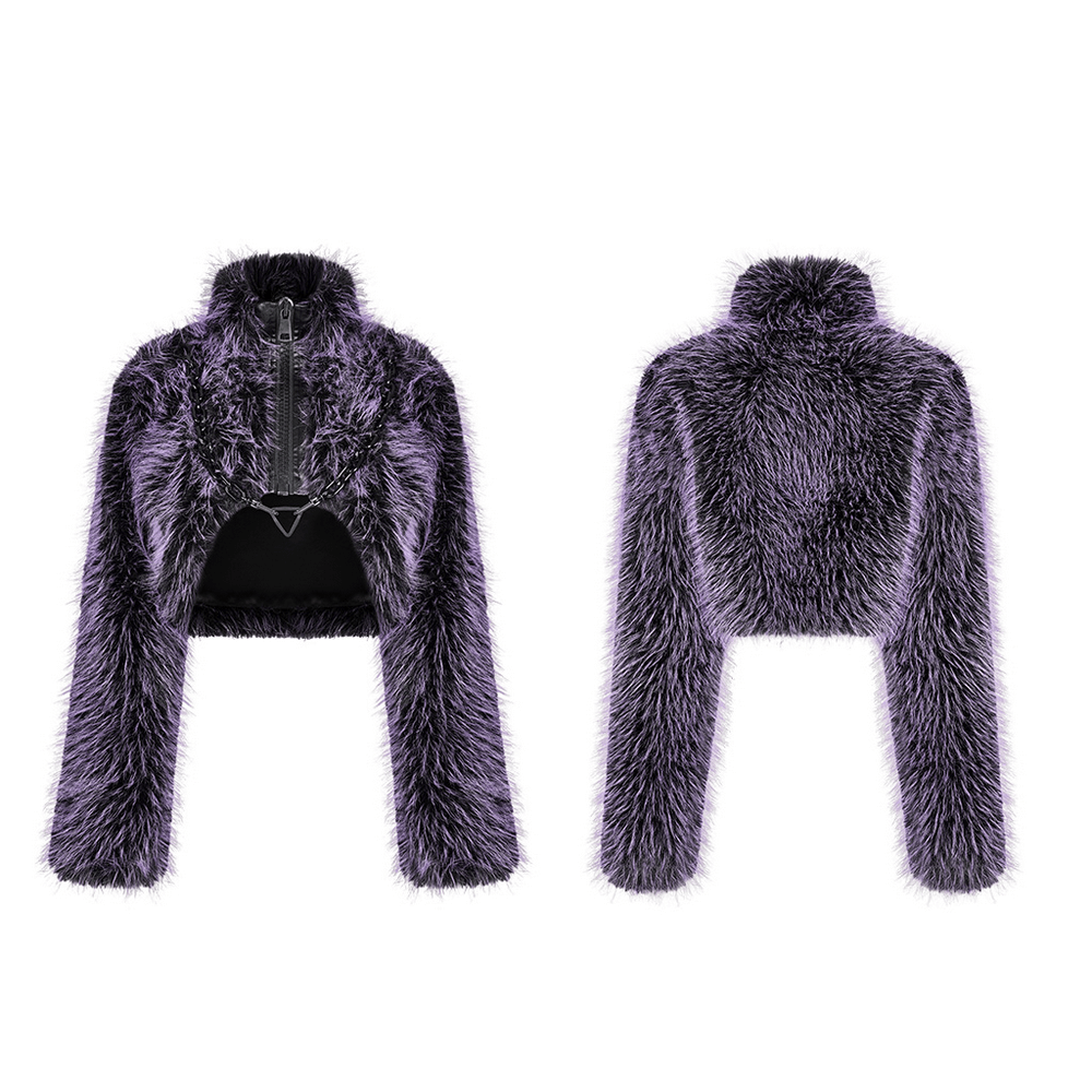 Chic purple shaggy crop jacket showcasing edgy streetwear style in faux wool, perfect for urban fashion enthusiasts.