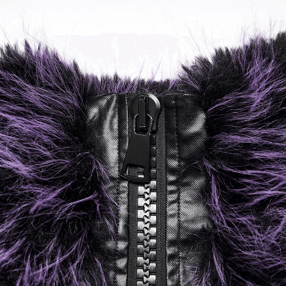 Close-up of the chic purple shaggy crop jacket zipper showcasing edgy design and faux wool texture.