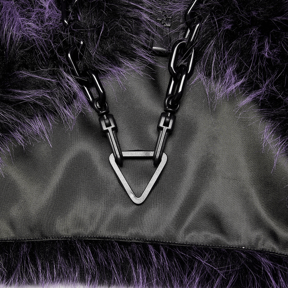 Close-up of edgy purple shaggy crop jacket featuring unique chain and triangle pendant detail, perfect for trendy streetwear.