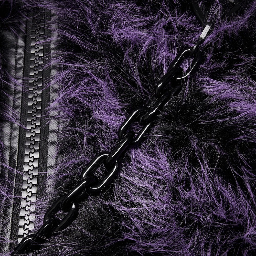 Close-up of chic purple shaggy coat featuring faux wool texture and edgy black chain detail.