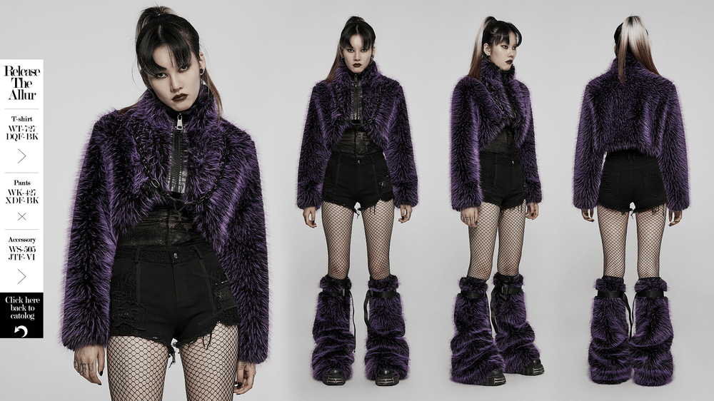 Chic purple shaggy crop jacket paired with edgy outfit, showcasing urban punk style and faux wool fabric.