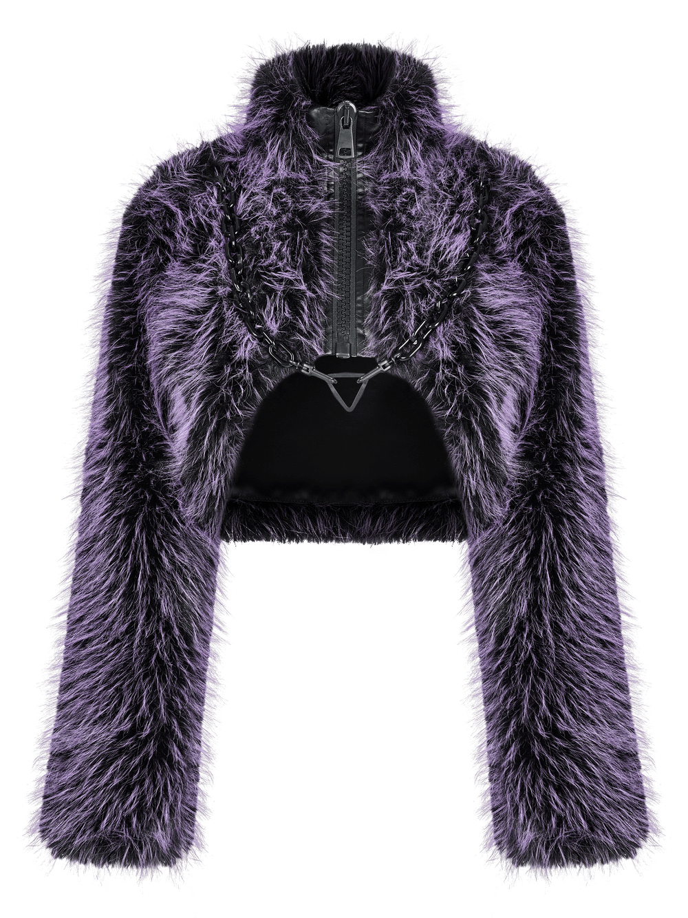 Chic purple shaggy crop jacket in faux wool, perfect for edgy streetwear and punk urban style.