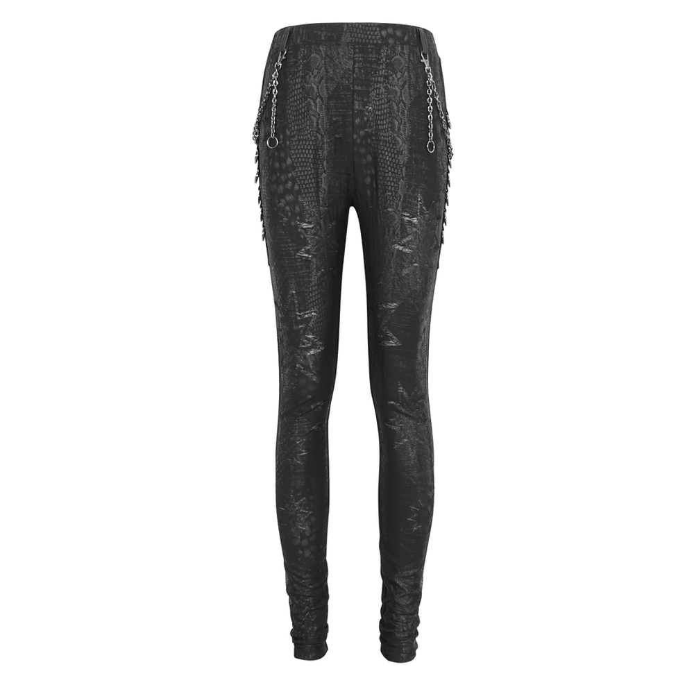 Chic black snake print skinny leggings for women featuring edgy chains, perfect for stylish outfits.