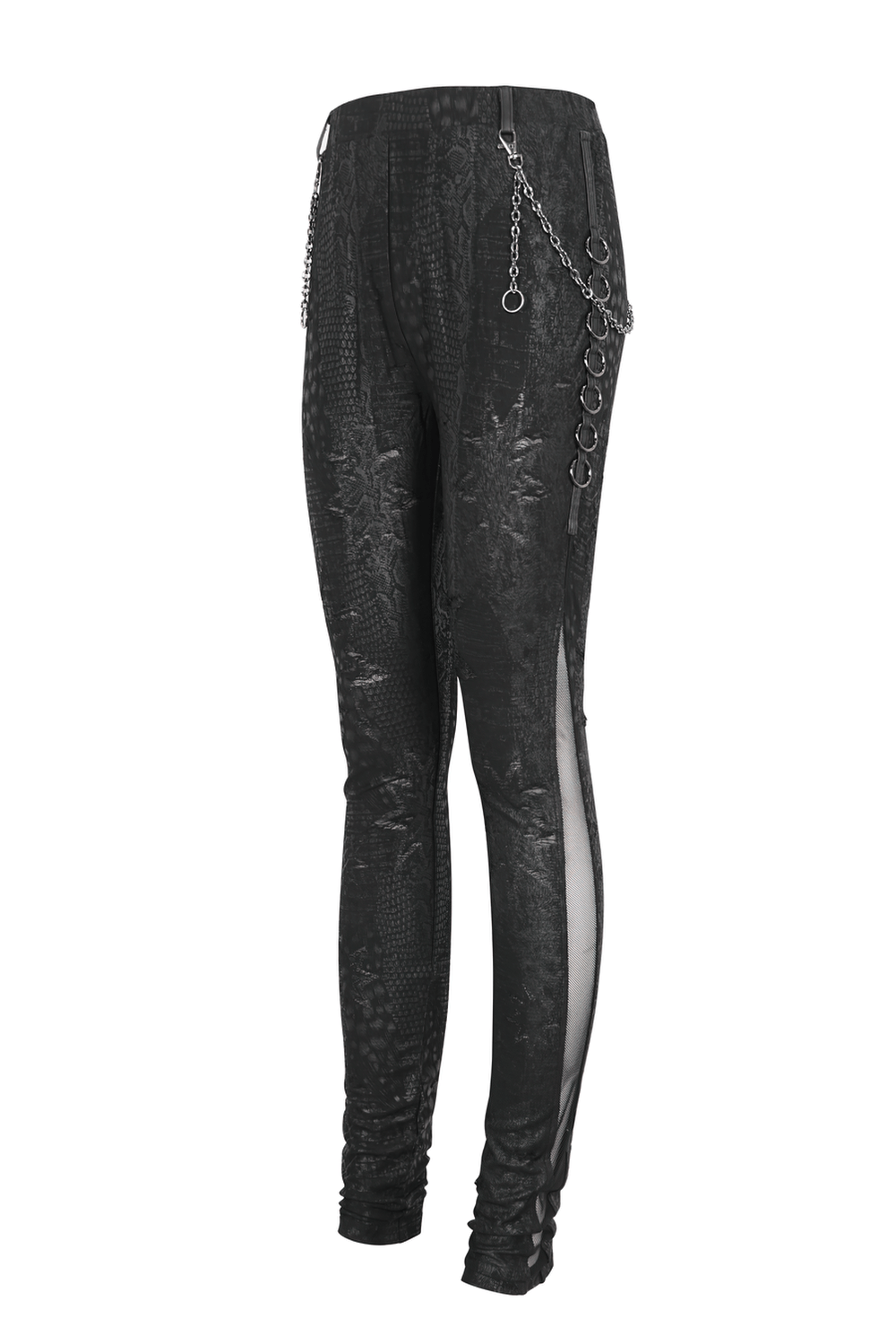 Chic black snake print skinny leggings with edgy chain details for women.