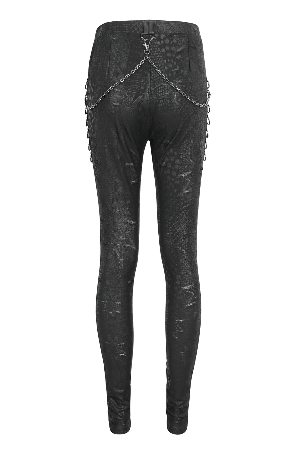 Chic black snake print skinny leggings for women with edgy chain detail, perfect for elevating any outfit.