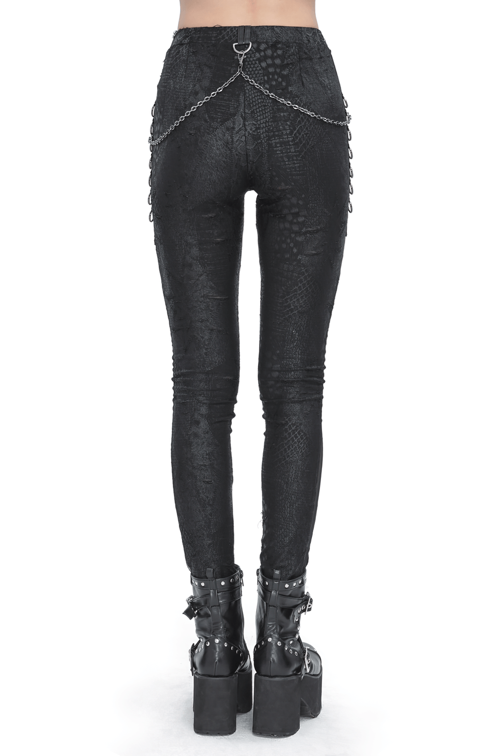 Back view of chic black snake print leggings with chain for women, perfect for stylish outfits.