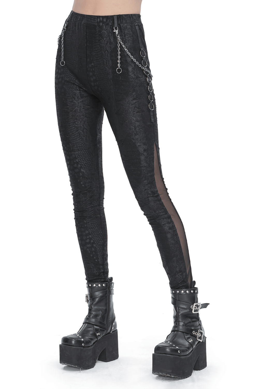 Chic black snake print skinny leggings for women with chain detail, perfect for stylish edgy outfits.