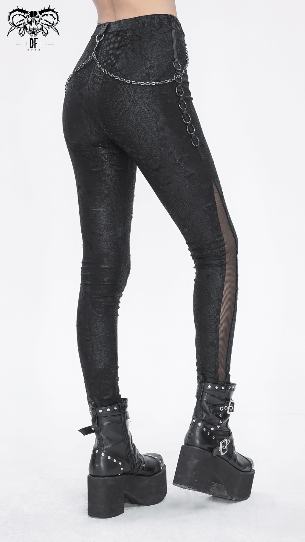 Chic black snake print skinny leggings with chain detail, perfect for edgy, fashionable looks.