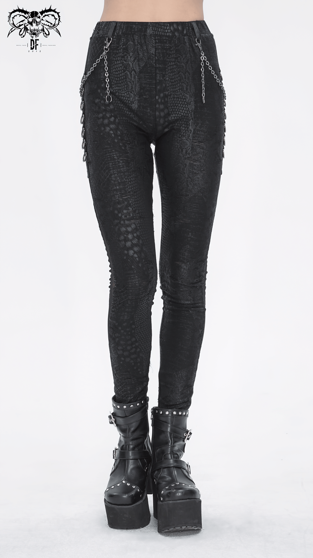 Chic black snake print skinny leggings with edgy chain detailing for women, perfect for stylish day or night outfits.