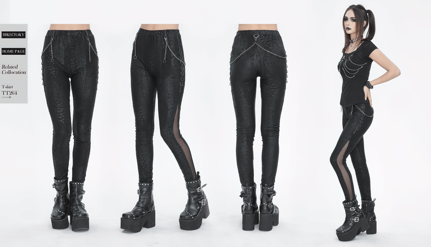 Chic black snake print skinny leggings with chains, styled for edgy women's fashion.