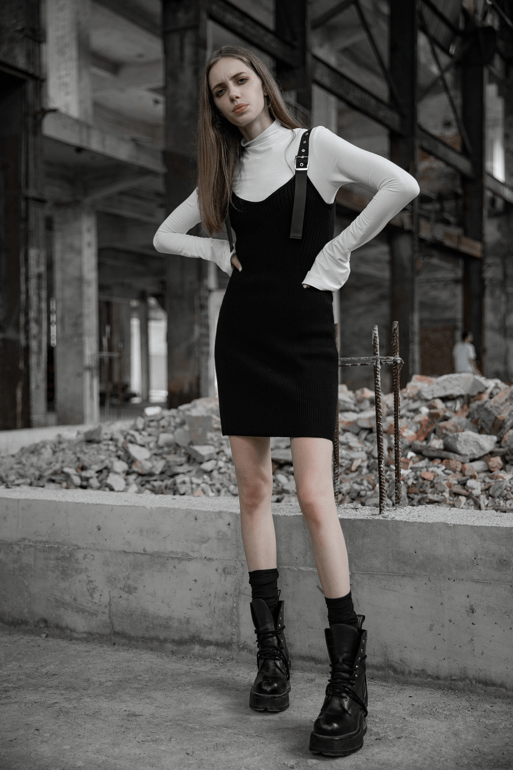 Chic Ribbed Woolen Midi Dress with Sling Straps