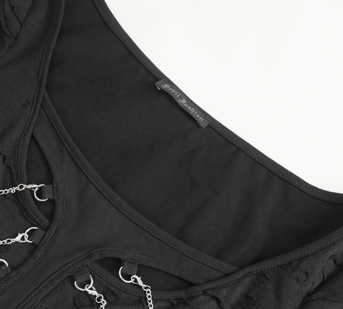 Chic black t-shirt neckline showcasing elegant chain accent detail for a stylish and edgy look.