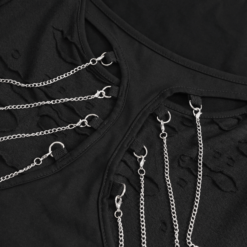 Close-up of chic black t-shirt featuring stylish chain accents and ripped design for a trendy look.