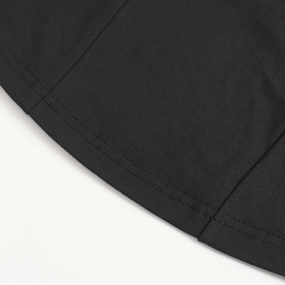 Close-up of the stylish black t-shirt showcasing the quality stitching and cropped hem for a chic look.