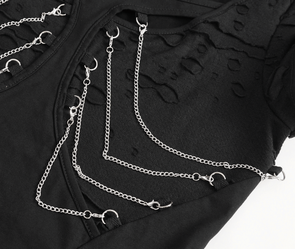 Chic Ripped Black T-Shirt with Elegant Chain Accent