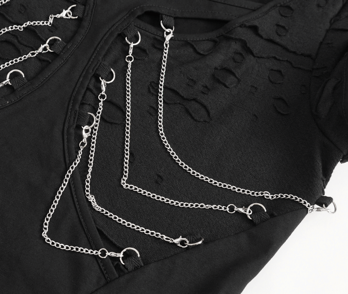 Close-up of a chic black t-shirt featuring edgy chain accents, perfect for a stylish outfit upgrade.