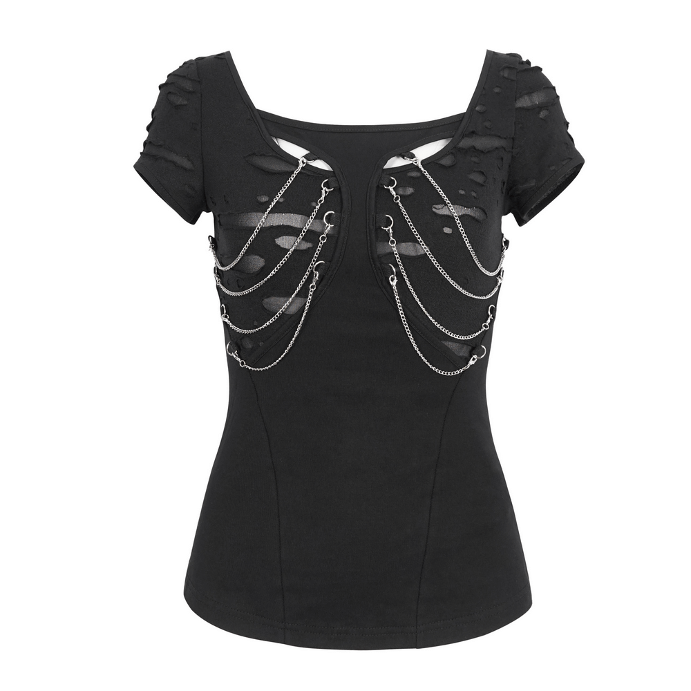 Chic ripped black t-shirt with elegant chain accents, perfect for an edgy and stylish look.
