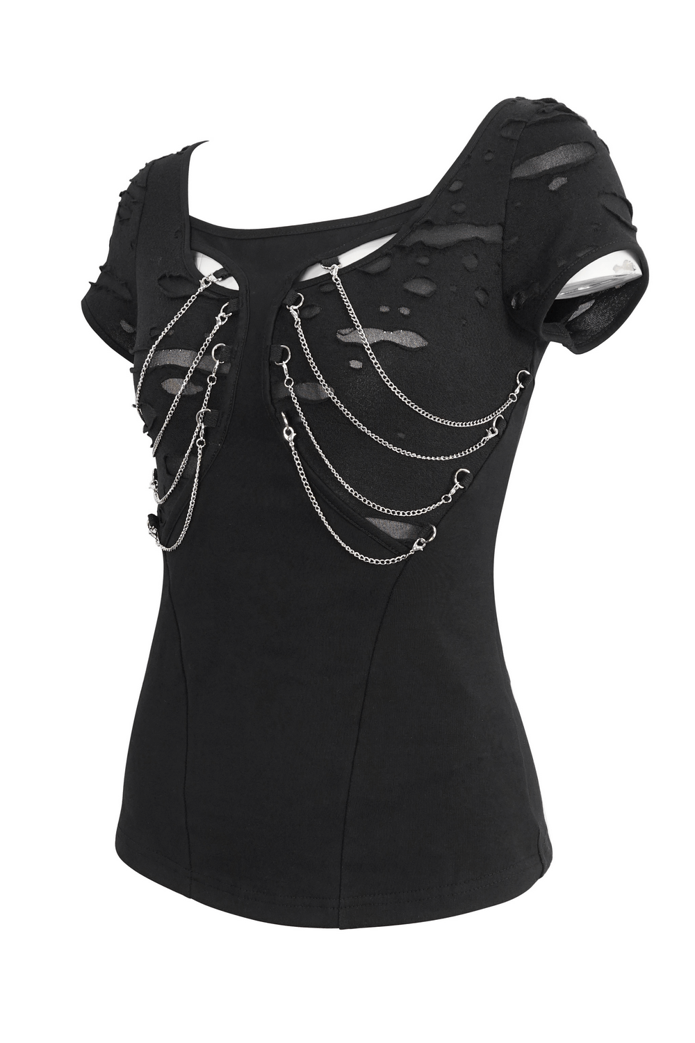 Chic Ripped Black T-Shirt with Elegant Chain Accent