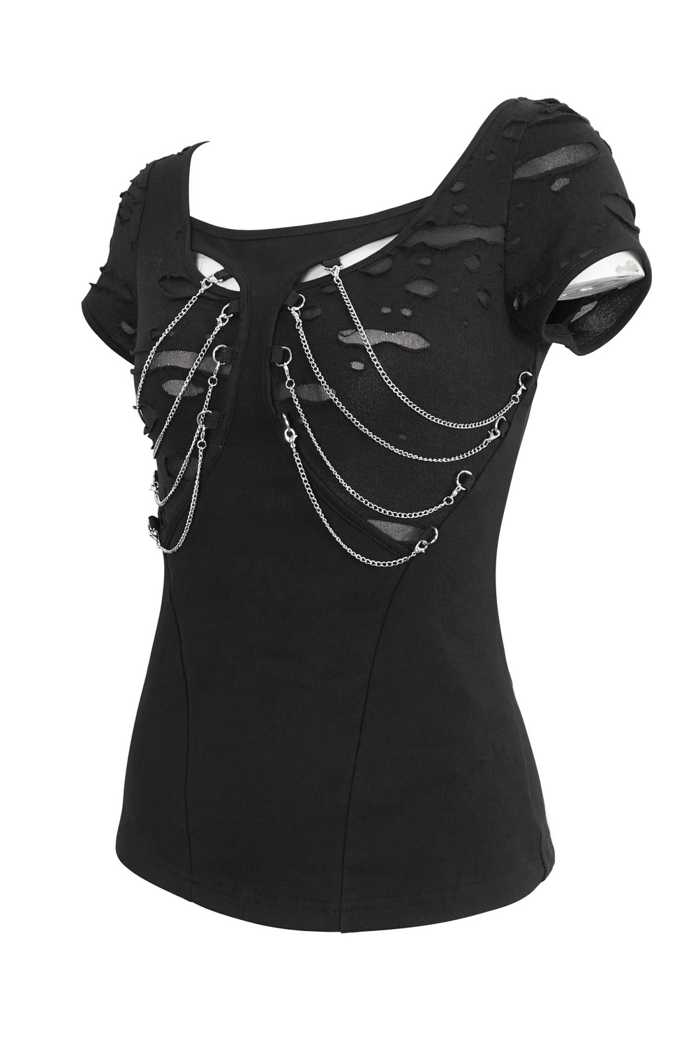 Chic black t-shirt with ripped design and elegant chain accent for women, perfect for an edgy look.