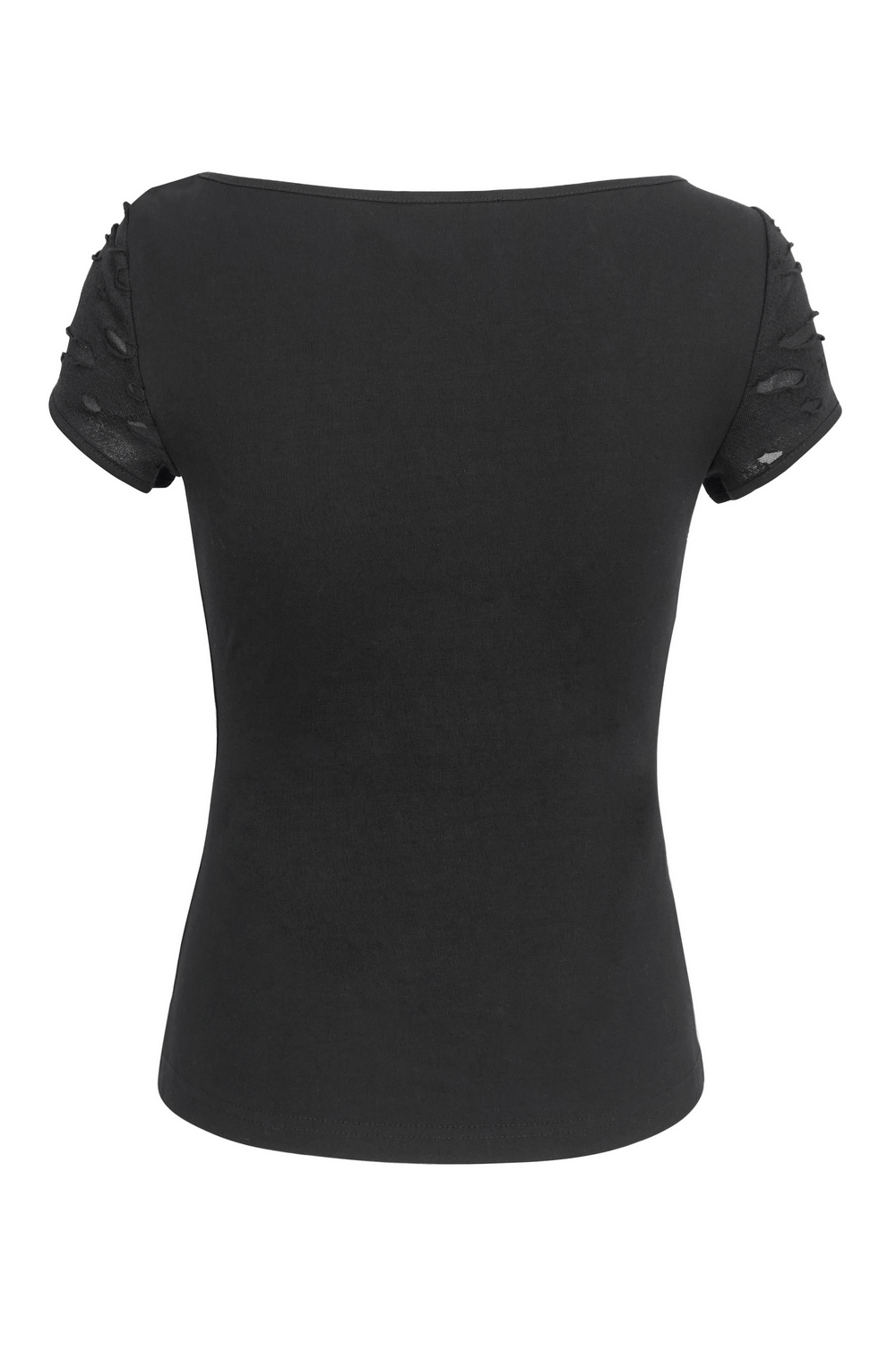 Back view of a chic ripped black t-shirt featuring stylish short sleeves, perfect for a trendy women's outfit.