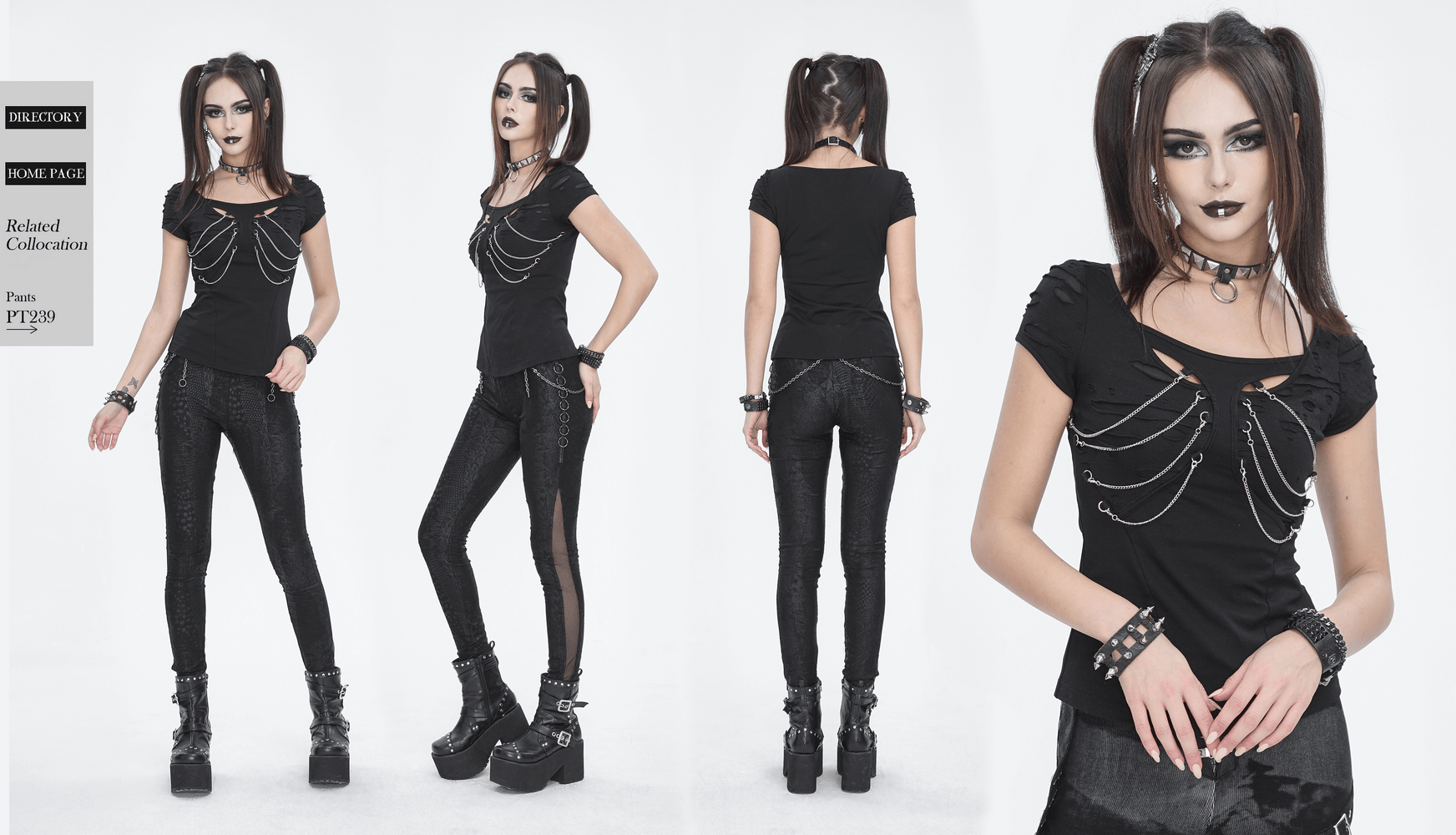 Chic black t-shirt with chain accents, styled with edgy high-waisted leggings and trendy platform boots.