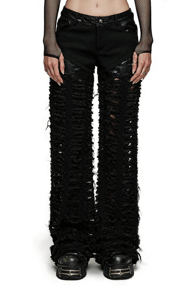 Chic goth trousers with a ripped mesh design, featuring pockets and a dramatic silhouette for a bold gothic style.